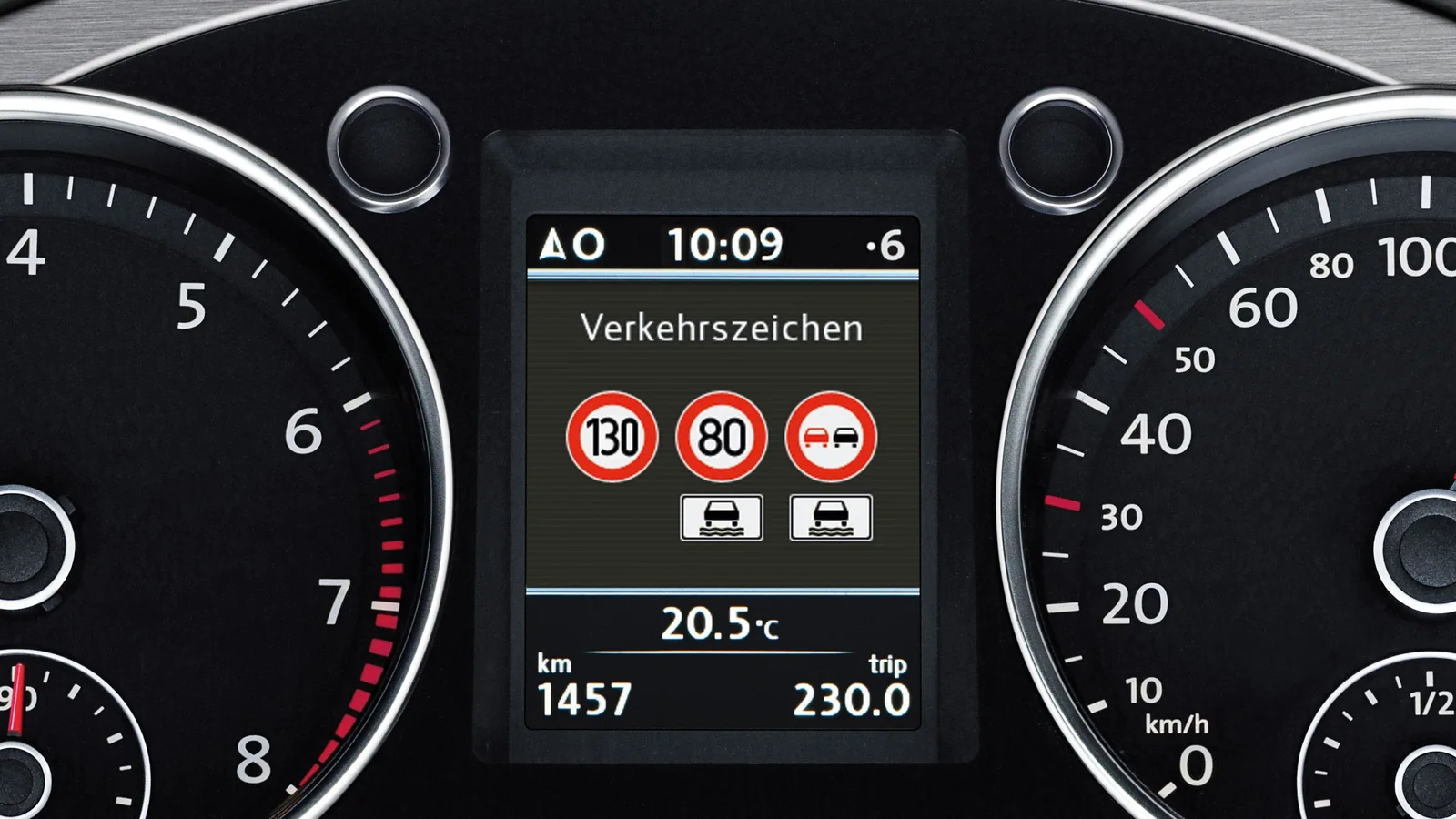 A Volkswagen instrument display headed &ldquo;Verkehrszeichen,&rdquo; showing recognized signs for 130 and 80 km/h limits and no overtaking.