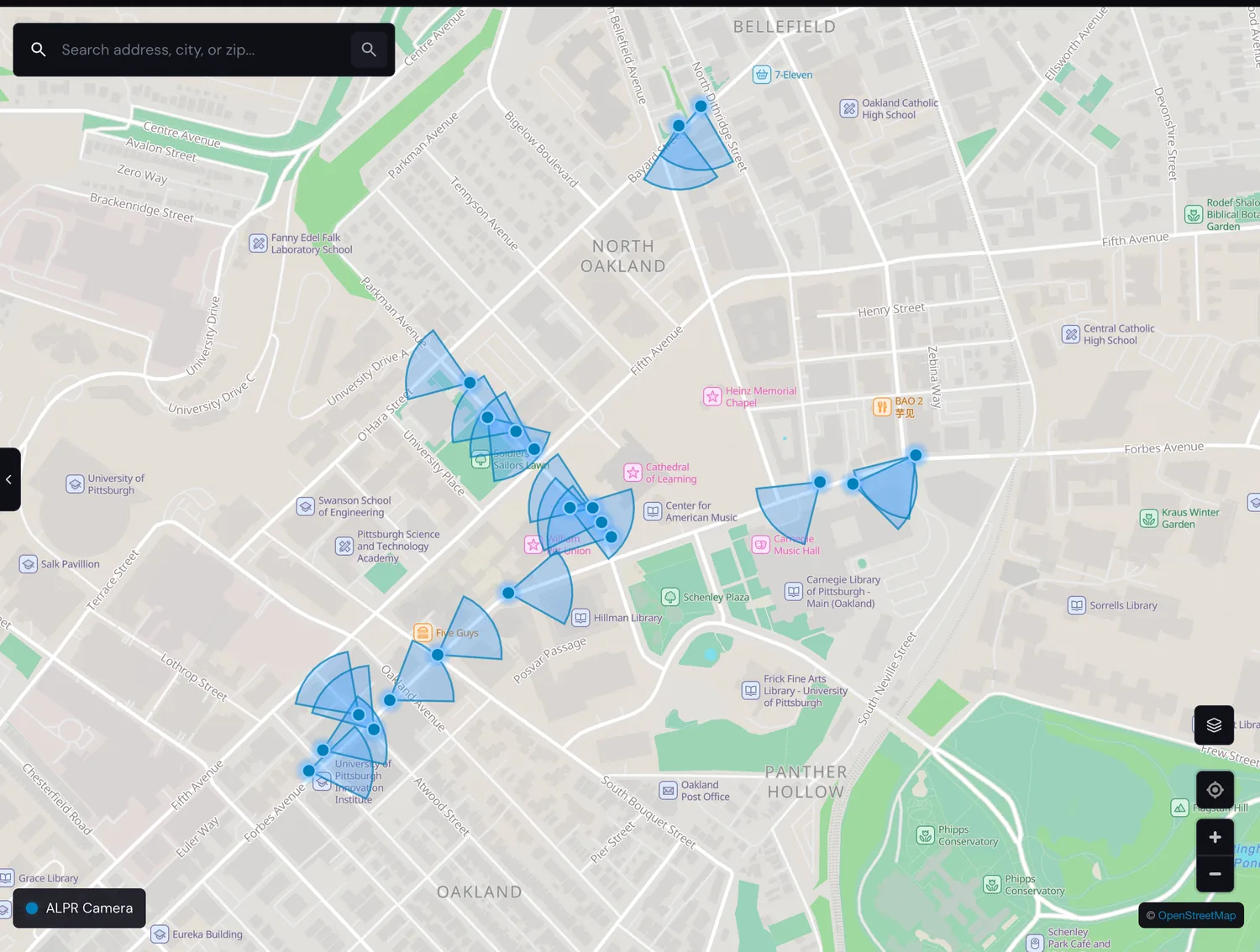 DeFlock map of Oakland showing automated license plate readers ringing the University of Pittsburgh campus