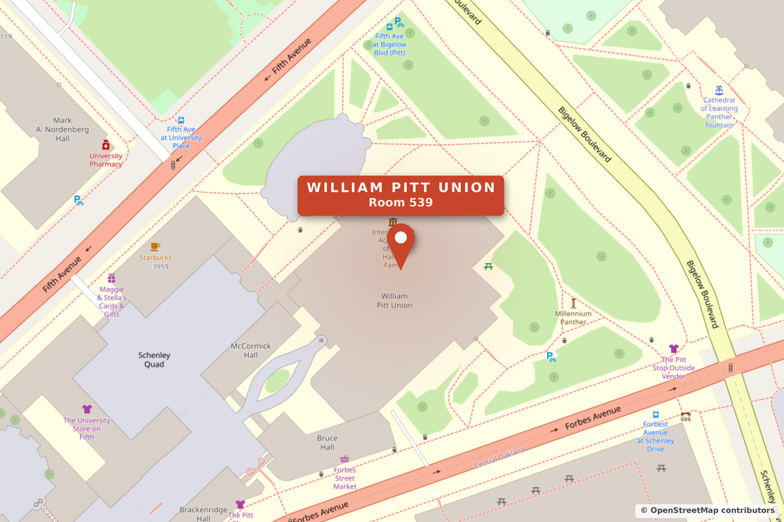 Map of Pitt&rsquo;s Oakland campus with a marker on the William Pitt Union, between Fifth and Forbes Avenues and across from the Cathedral of Learning.